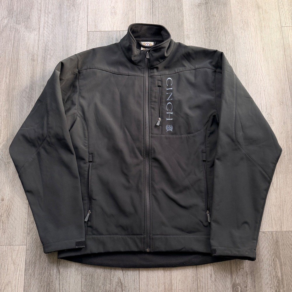 Cinch Mens L Black Softshell Jacket Full Zip Fleece Lined Western Logo